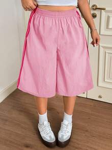 SHEIN EZwear 大码女式宽松休闲侧条纹百慕大短裤 - 粉色 - 查看 3
