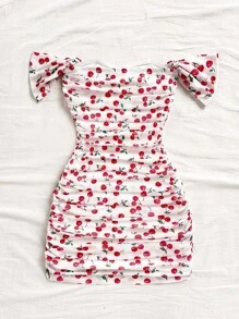 Soleia Off The Shoulder Vacation Knit Mesh Off Shoulder Bodycon Dress For Women Cherry Print Dress Off The Shoulder Dress Ruched Dress