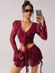 SHEIN ICON Y2k Fall Women's Western Burgundy Ruffled Flare Sleeve Sheer Lace 2 Pieces Set - Burgundy - View 6