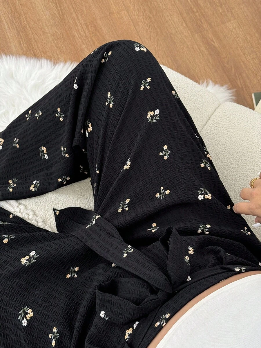 SHEIN Essnce 大码女式碎花系腰阔腿宽松休闲裤 - 黑色 - 查看 1