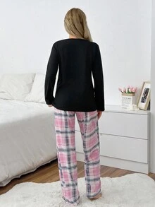 SHEIN Cottnline Plus Solid Color Short Sleeve Round Neck Long T-Shirt & Plaid Pants Pajama Set - Multicolor - View 2