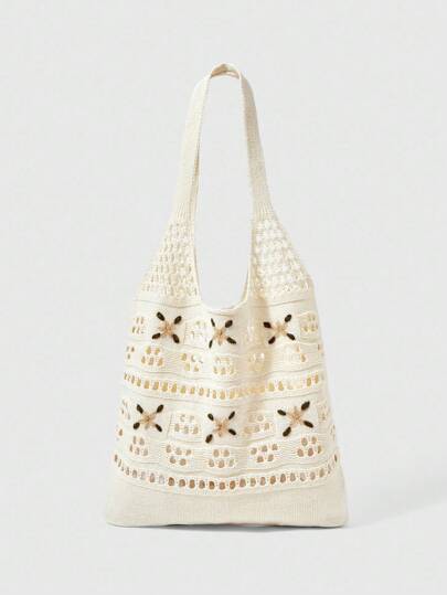 Kawaii Knitted Crochet Floral Tote Bag, Women's One Shoulder Embroidered Woven Bag, Mori Girl Style
