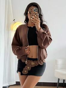 SHEIN Raffinéa Women's Casual Zip Pocket Long Sleeve Jacket, Autumn - Brown - View 3