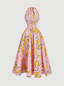 SHEIN MOD Váy midi hở lưng xếp ly thanh lịch dành cho nữ có họa tiết hoa - Hồng - Xem 2