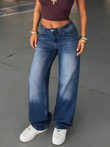 SHEIN Tall Women's Mid-Waist Pockets Straight Loose Casual Versatile Jeans, Tall Women - Medium Wash - View 1