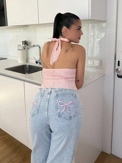 Lucia Bellido Jeans anchos lavados con pierna suelta y ajuste holgado para mujeres con bordado de mariposas y bolsillo adicional incorporado