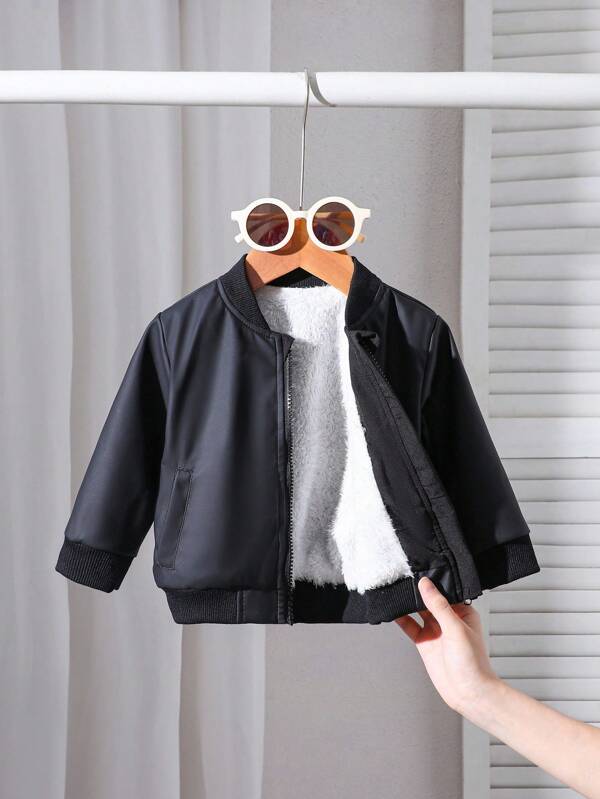 SHEIN Playful Pals Chaqueta de béisbol casual con cuello de fleece, de manga larga y cremallera, de unicolor para bebé niño