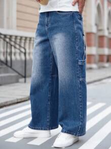Manfinity Homme Men's Casual Loose Fit Multi-Pocket Blue Denim Cargo Pants, Street Style Baggy Jeans Loose Jeans - Medium Wash - View 3