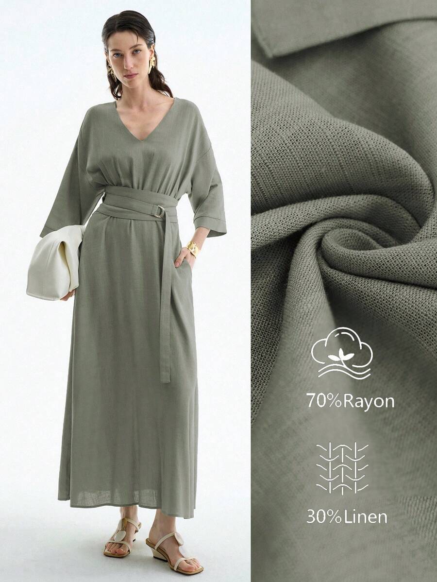 Aalyst Váy midi dáng chữ A tay 3/4 thanh lịch, tối giản, sang trọng, thời trang công sở, đi làm, đi biển, nghỉ dưỡng, lễ hội âm nhạc, cổ chữ V bằng sợi tre màu trơn, vai trễ, tay áo bó, thắt lưng eo cổ điển, khoen chữ D bằng kim loại, trang trí, dáng chữ A, tay áo 3/4, mùa xuân/hè - xanh quân đội - Xem 1