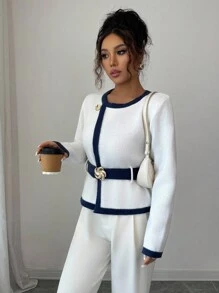Selianne 女式撞色圆领插肩袖金属纽扣装饰衬衫针织套头衫秋冬 - 藍白色 - 查看 5