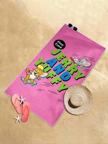 TOM & JERRY X SHEIN Toalla de playa multifuncional de moda de verano con estampado de letras y dibujos animados, material súper suave y colores llamativos - Rosado Sandía - Ver 8