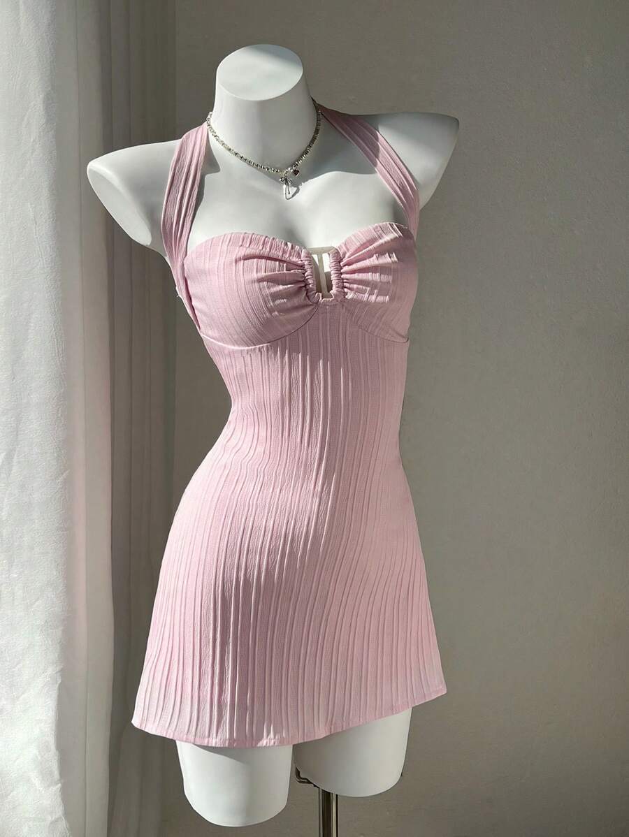 SHEIN Unity 女式夏季休闲时尚网眼面料前扣装饰吊带蝴蝶结迷你连衣裙 - 粉色 - 查看 1