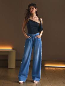 Selenza 女式水钻镂空口袋宽腿宽松休闲牛仔裤 - 藍色 - 查看 6