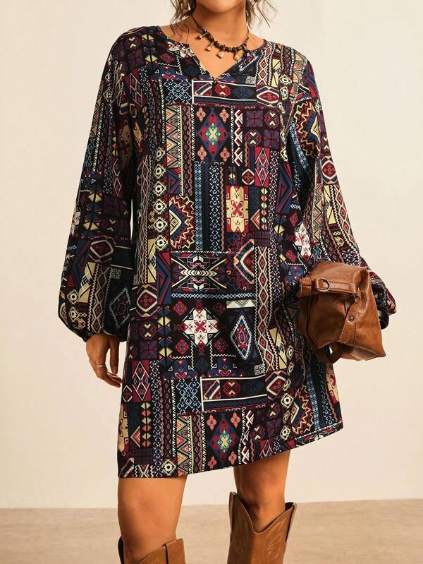 Freevana Plus Size Geometric Print Lantern Sleeve Casual Vacation Dress Boho Dress Women Geometric Print Dress Fall Clothes For Women Business Casual Woman Work Dresses For Women