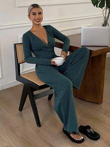 DAZY Simple Solid Color Lapel Women's Lounge Set, Fall Winter Clothes, Cozy Outfits - Blue - View 3