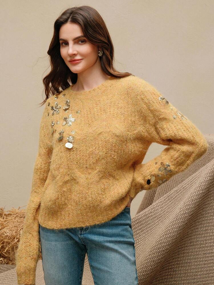 Sequin Knit Pullover Sweater, Suitable For Autumn, Fall, Winter, Going Out, Elegant, Formal, Party, Chic, New Year, Christmas, Work, Graduation, Wedding