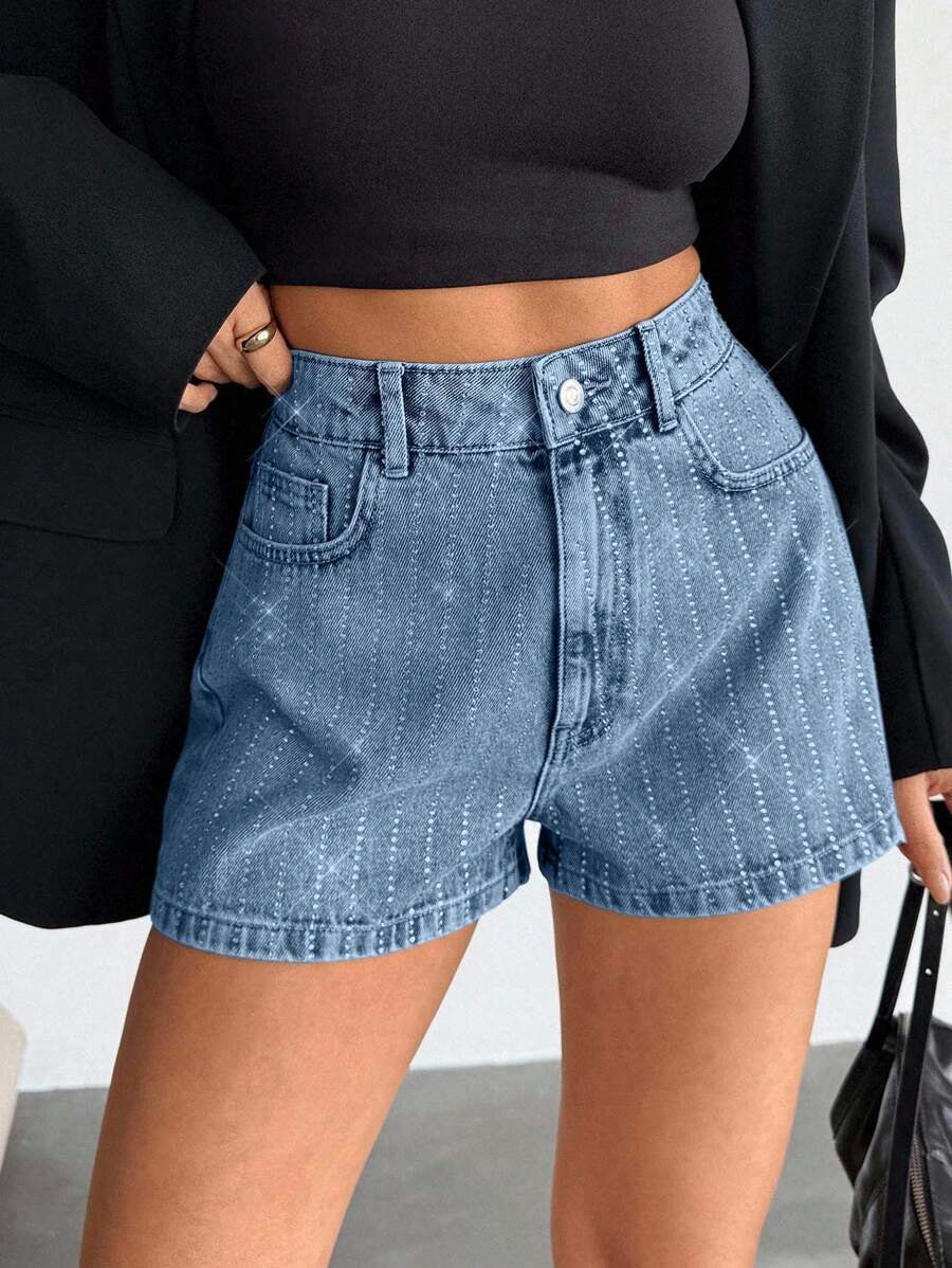 EURMUSE Pantalones cortos mini de cintura alta de unicolor y minimalistas con adornos de rhinestones para mujer - Celeste - Ver 1