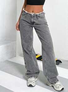 CasuGlow Casual Washed Frayed Hem Straight Leg Jeans - Light Grey - View 1