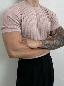 Manfinity Homme Men's Solid Color Crew Neck Raglan Short Sleeve Cable Knit Sweater
