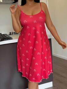 Plus Size Cherry Print Camisole Nightgown - Red - View 5