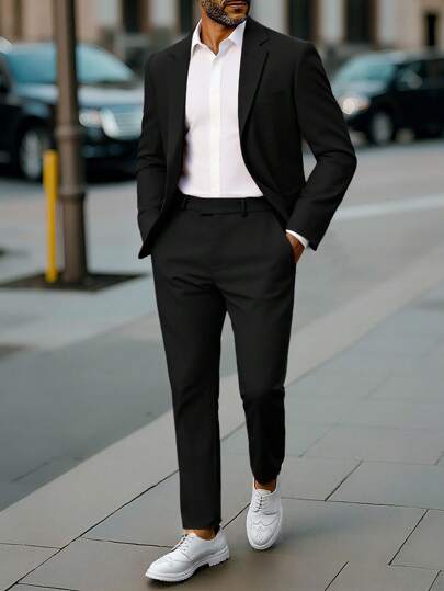 Manfinity Mode Men's Coffee Color V-Neck Casual Suit Set, Spring/Summer Men Black Suit Men Black And White Outfit Office Wear Men Man Suit Men Black Dress Pants