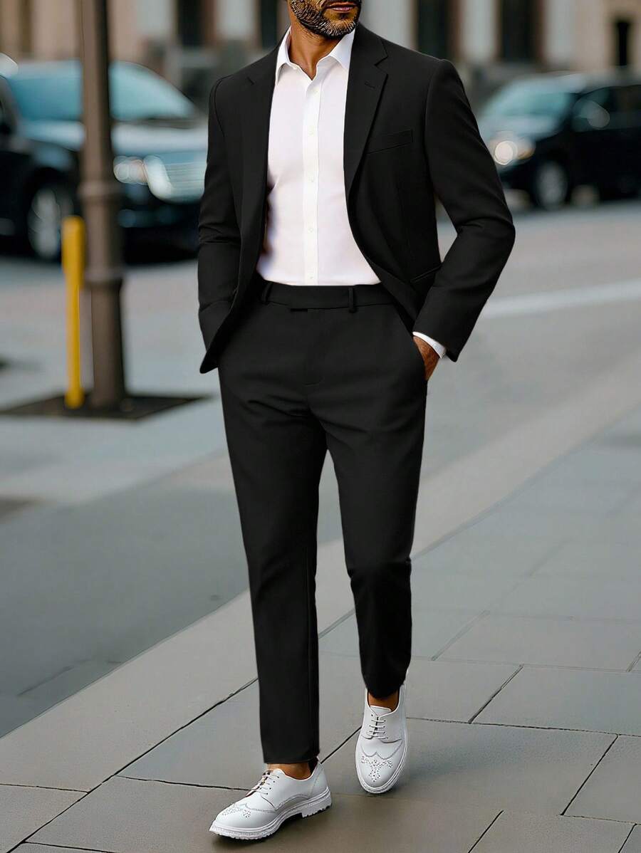 Manfinity Mode Men's Coffee Color V-Neck Casual Suit Set, Spring/Summer Men Black Suit Men Black And White Outfit Office Wear Men Man Suit Men Black Dress Pants - Black - View 1