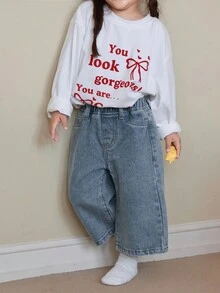 Dazy Kids Baby Girls' Casual Bow Embroidery Korean Style Long Denim Jeans,Toddler Fall Clothes