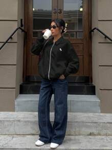 Muchica 女士黑色梭织休闲常规夹克，前拉链和骑士印花黑色夹克女士亚麻夹克女士拉链夹克女士秋冬 - 黑色 - 查看 3