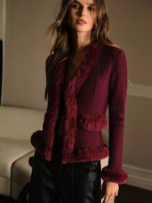 MOTF PREMIUM CONTRAST FAUX FUR SLIM FIT CARDIGAN - Burgundy - View 7