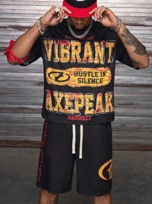 AXEPEAK Bộ áo thun nam cổ tròn tay ngắn in chữ kèm quần short cạp rút - màu đen - Xem 4