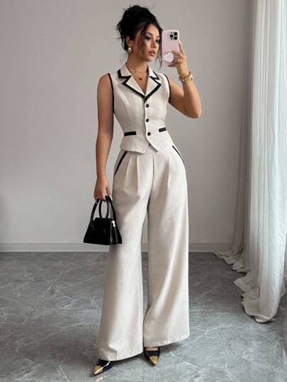 Siren Gaze Women's Elegant Commuter Contrast Trim Vest & Pants Suit F,All Outfits For Women,Back To School , Teacher Outfits For Women , Wedding Guest Dress Elegant ,Business Casual Woman ,Wedding Guest Dress Elegant,Old Money Style Women, Button Up Shirt Women, In Fall/Winter