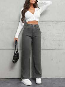 SHEIN Cottnline Women's High Waist Pockets Straight Loose Casual Versatile Jeans - Grey - View 5