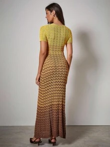 COSMINA Women's Wavy Striped Round Neck Short Sleeve Fitted Knit Dress - Multicolor - View 3