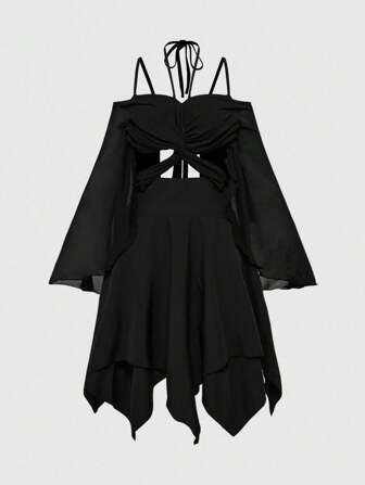 Goth Vestido mini asimétrico con mangas acampanadas, parches y estampado de mariposa en estilo gótico de Halloween