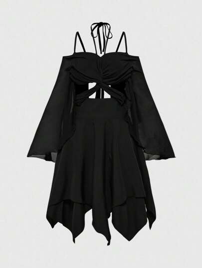 Gothic Halloween Butterfly Patchwork Flare Sleeve Asymmetrical Hem Mini Dress