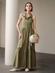 Uhlyne 女士优雅度假休闲户外日常无袖露背纽扣豌豆绿色梭织连衣裙 - 灰綠 - 查看 4