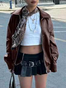 INAWLY 女士棕色摩托车夹克，休闲宽松长袖秋冬皮大衣