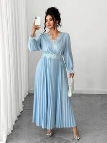 Elenzga Plus Size Women's Lace Patchwork V-Neck Puff Sleeve Pleated Hem Elegant Dress Fall Cloth For Women - Blue - View 5