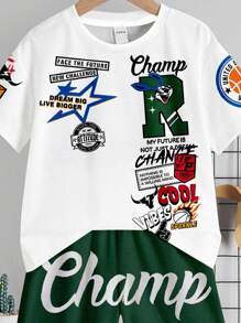 SHEIN 2pcs/Set Young Boy Casual Minimalist Short Sleeve T-Shirt And Shorts Set, Suitable For Summer