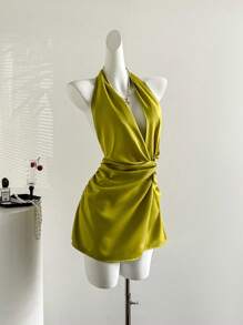 Sweetra European & American Style Solid Color Halter Neck Dress, Summer New Sexy Backless Bodycon Slimming Dress - Green - View 6