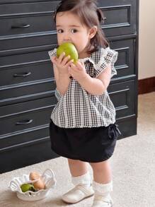 Dazy Kids 2pcs Baby Girls' Plaid Casual Korean Style Flutter Sleeve Shirt With Bowknot Outfit Set - Black - View 7