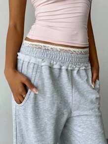 SHEIN BASICS Quần ống rộng dệt kim trơn màu đơn giản dành cho nữ - Màu Xám nhạt - Xem 5