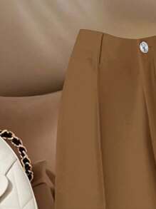 Franclia 大码女式白色休闲西装裤，松紧腰直筒口袋设计，办公室穿着长裤 - 咖啡棕 - 查看 3