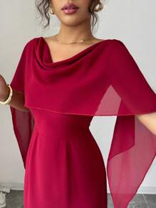 Modelyn Women Cowl Neck Cape Slim Fit Midi Dress - Red - View 3