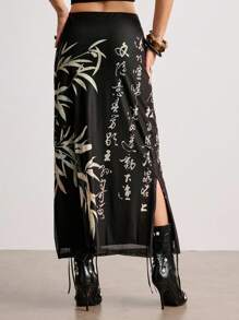 ROMWE Avant 新款中国风虎纹竹叶书法印花开衩女裙 - 黑色 - 查看 3