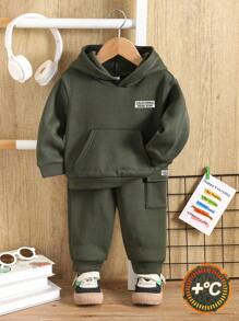 2 Stücke/Set Baby Jungen süßer militärgrüner Kapuzenpullover mit Taschen und Hose mit Gummibund, Herbst/Winter