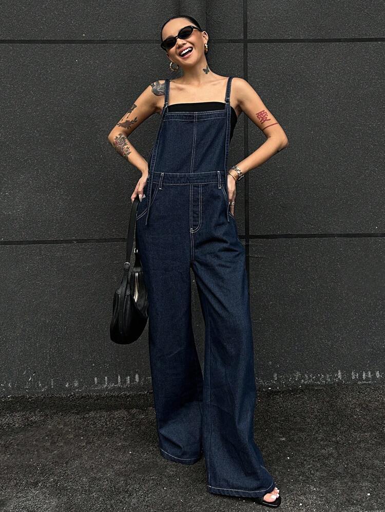 Women's Loose Fit Pocketed Wide Leg Casual Denim Jumpsuit Baggy Jeans Denim Jumpsuits For Women Denim Dress Denim Wide Leg Overalls Women Wide Leg Overalls Women Denim Overalls Wide Leg Jumpsuits For Women