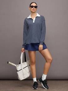 Activina 女式休闲条纹长袖运动 Polo 衫 - 藍色 - 查看 5