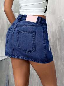 EURMUSE Low Waist Light Wash Mini Denim Skirt - Dark Wash - View 2