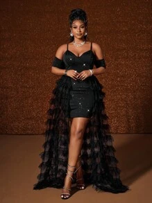 Maweii 大码拖尾网眼连衣裙，时尚、性感、浪漫，适合度假